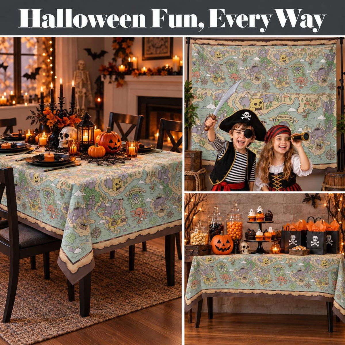 FUN RACCOON pirate party tablecloth with vintage treasure map and pirate ships print - view 11