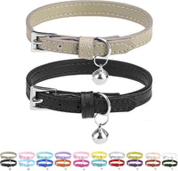 PUPTECK 2 PCS Soft Genuine Leather Cat Kitten Collar with Bells - Black&Khaki