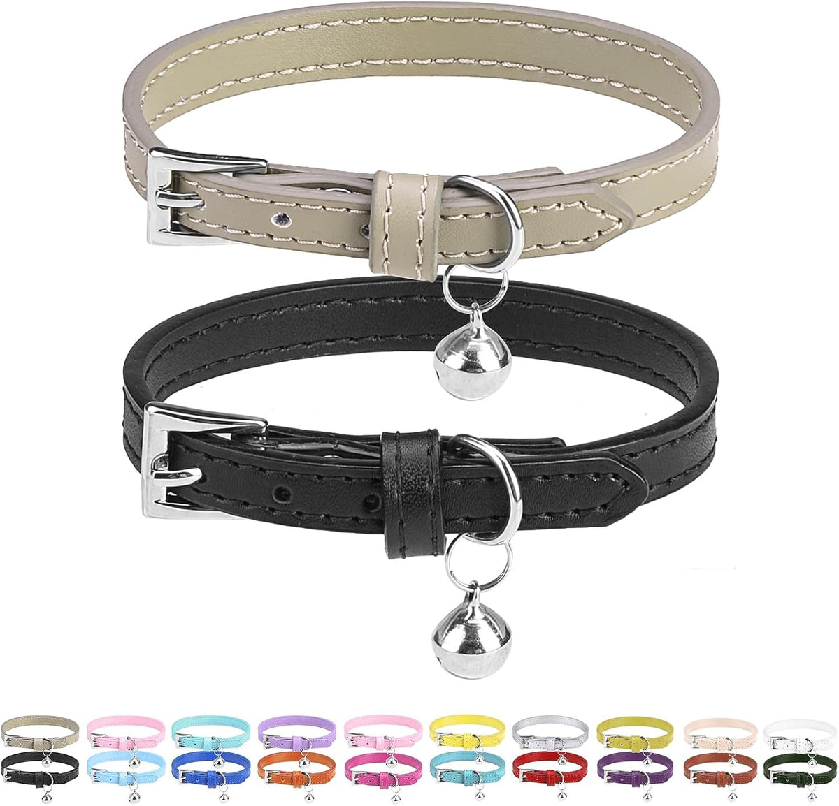 PUPTECK 2 PCS Soft Genuine Leather Cat Kitten Collar with Bells - Black&Khaki