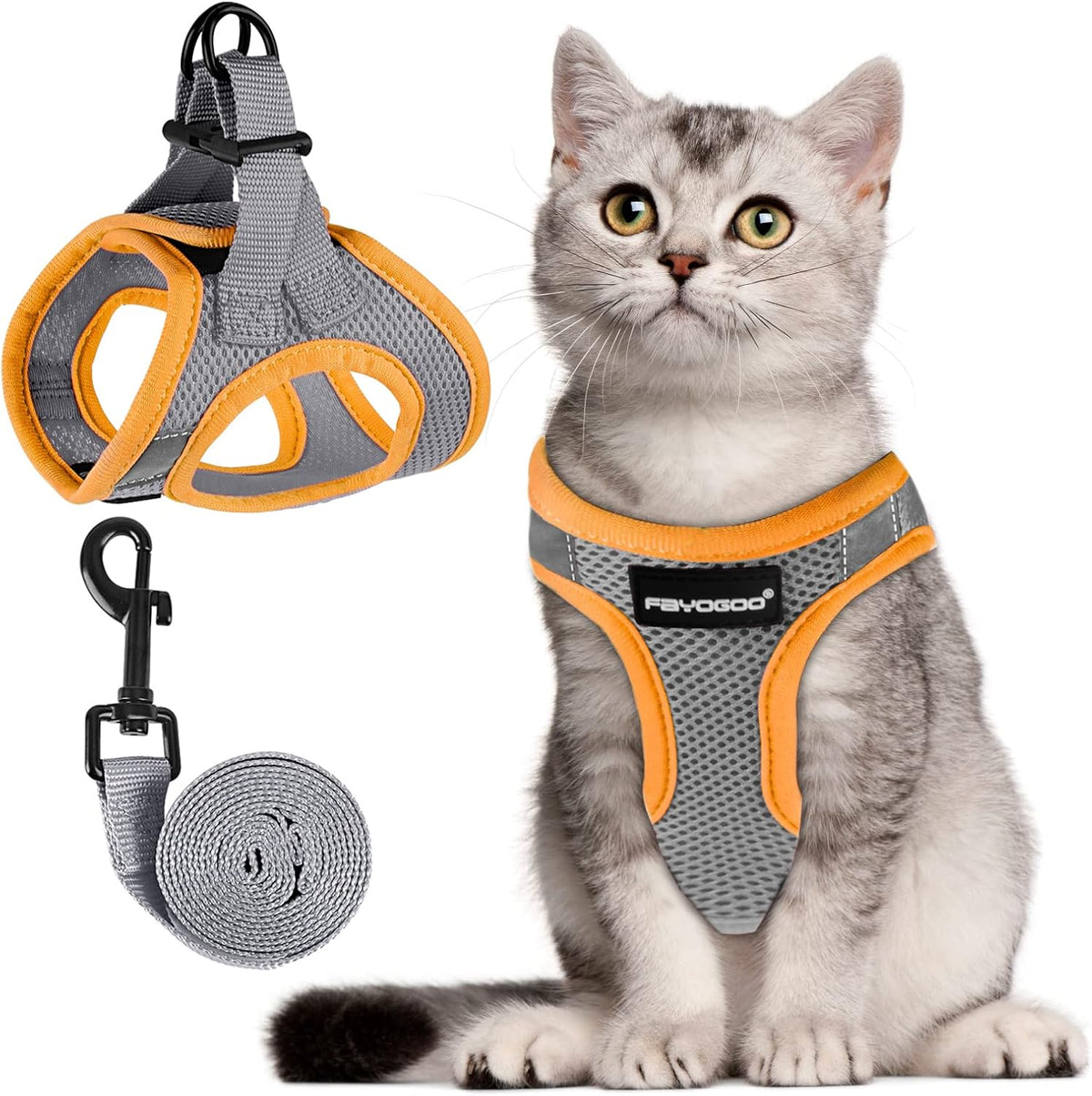 FAYOGOO Cat Harness and Leash Set - Gray / XL(Chest 14-16")