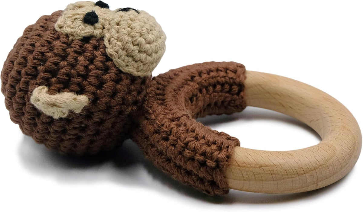 Joliecraft beige crochet bear rattle with natural wood teething ring - view 12