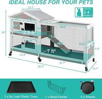 2-Tier Rabbit Hutch with Wheels, Indoor & Outdoor Small Animal Cage with Deep Pull-Out Tray, Anti-Chew Frame, Habitat for Bunny, Guinea Pig, Chinchilla (60" L x 19" W x 35" H)