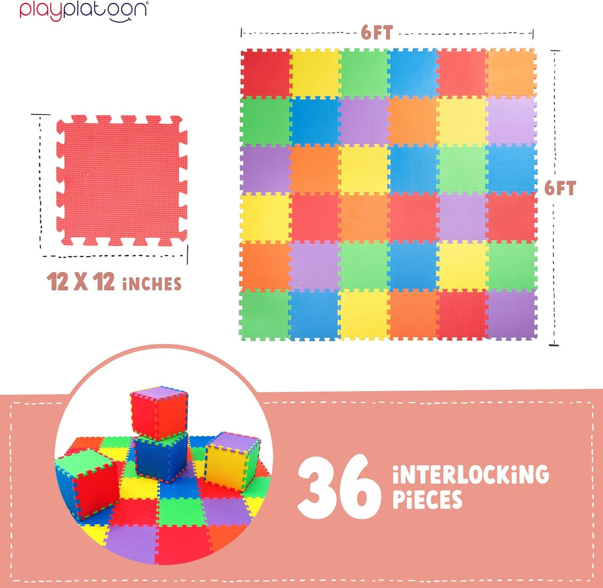 Non-Toxic Extra-Thick 36 Piece Children Play & Exercise Mat - 6 ft x 6 ft (Square) / Primary Colors - image 2