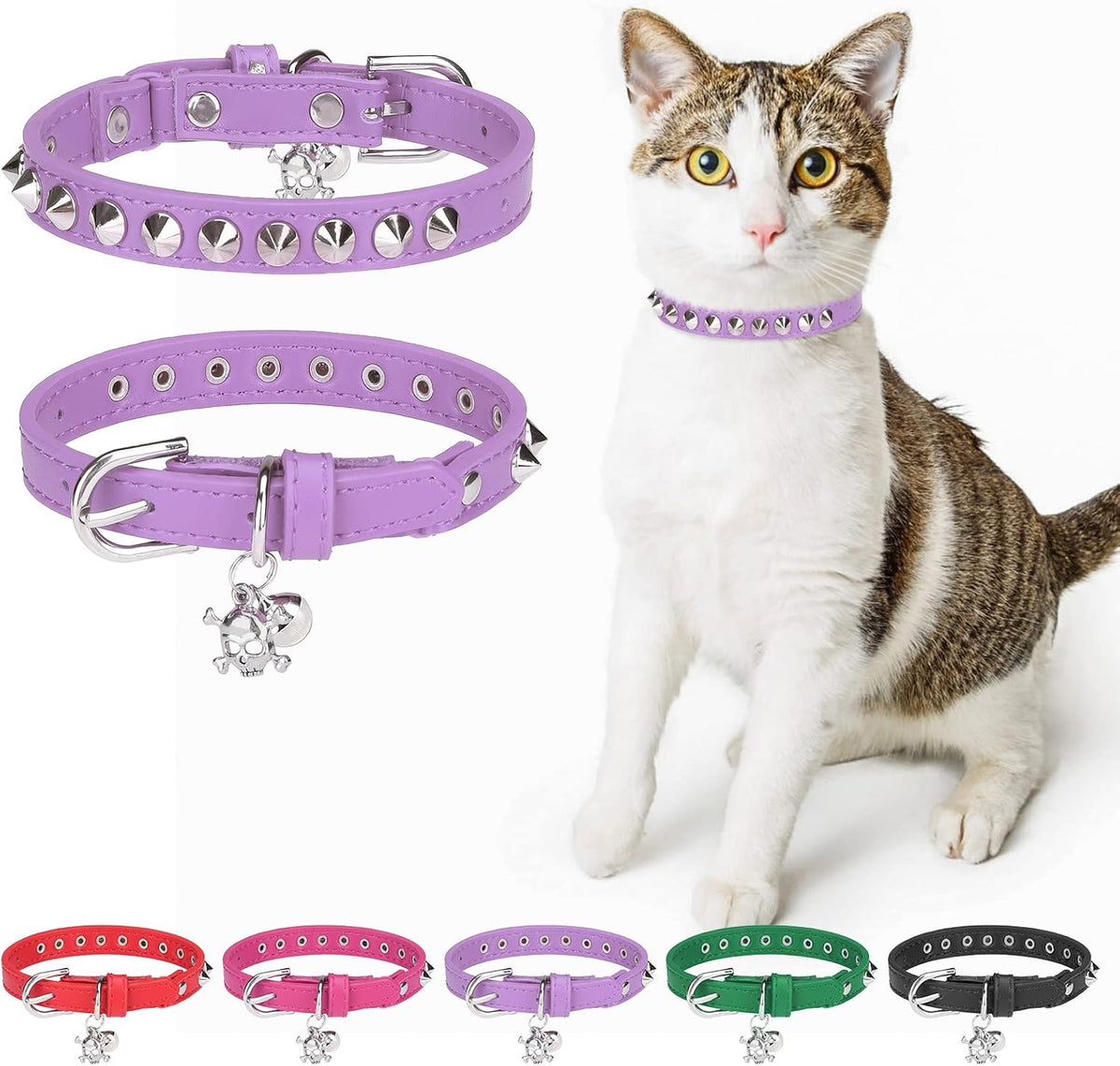 Leather Cat Collar, Breakaway Kitten Collars with Bell, Black – Essentials for Small Pets - Purple_Studded / 8"-12" Cats / Mini Dogs(Pack of 1)
