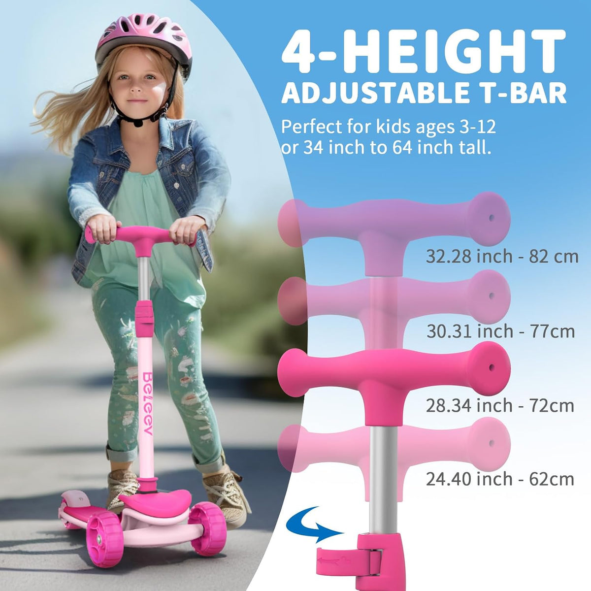 BELEEV A8 Scooter for Kids Ages 3-12 - Light Pink - image 2