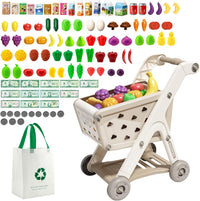 Jovow 102pcs Kids Shopping Cart Trolley Play Set with Pretend Food – Fun for Kids & Family - khaki