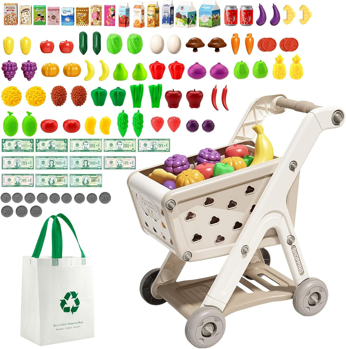 Jovow 102pcs Kids Shopping Cart Trolley Play Set with Pretend Food – Fun for Kids & Family - khaki