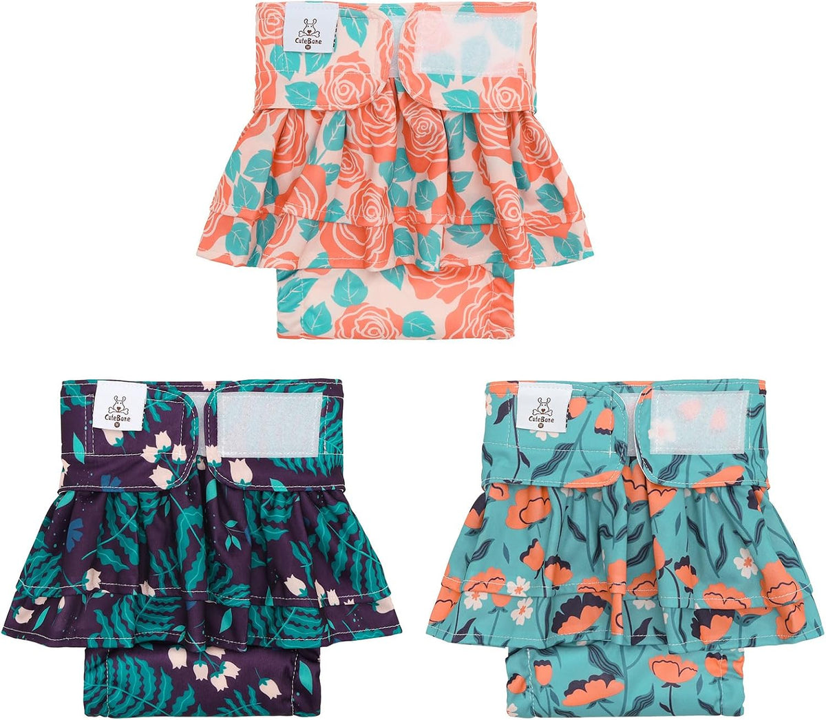 CuteBone Female Dog Diapers with Skirts 3 Pack Reusable Puppy Dresses - Retro florals skirts 3pcs / S