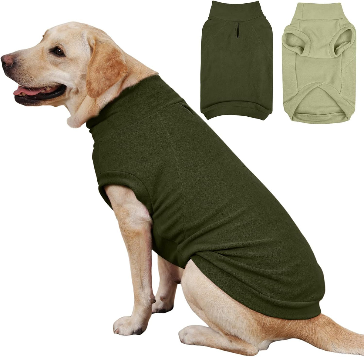 2 Pack 3XL Fleece Dog Sweater for Labrador, Leash Hole - Light Green & Army Green / XXX-Large(Chest Girth: 26.4")