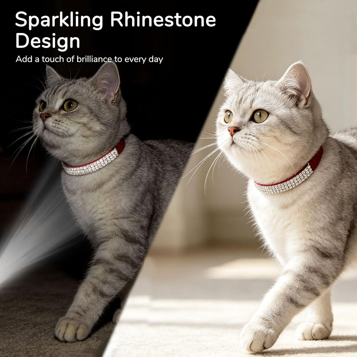 BINGPET Diamond Cat Collar with Bell, Adjustable Kitten Collar - Red(Rhinestones) / Neck Girth 8"-10" - image 3