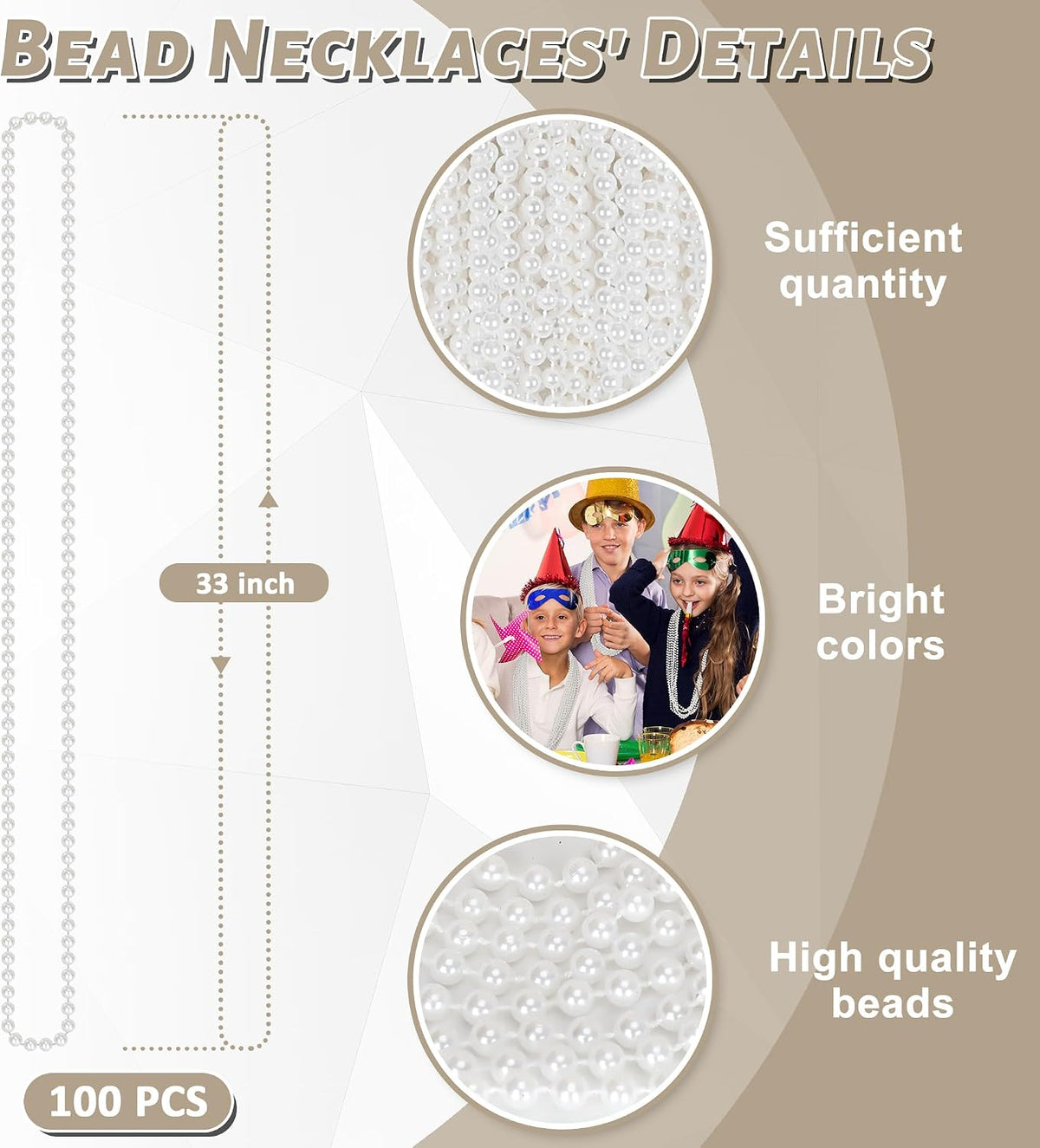 100PCS Bead Necklace, Gold Mardi Gras Beads Party Stuff - Pearl White - image 2