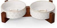 MALACASA Dog Bowl Set, Ceramic Bowls with Walnut Wood Stand - Five-leaf Grass+Honeycomb / 2 Cups