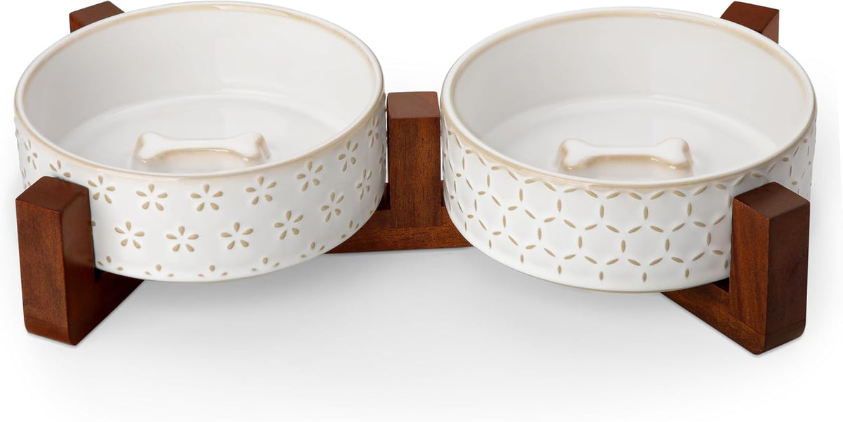 MALACASA Dog Bowl Set, Ceramic Bowls with Walnut Wood Stand - Five-leaf Grass+Honeycomb / 2 Cups