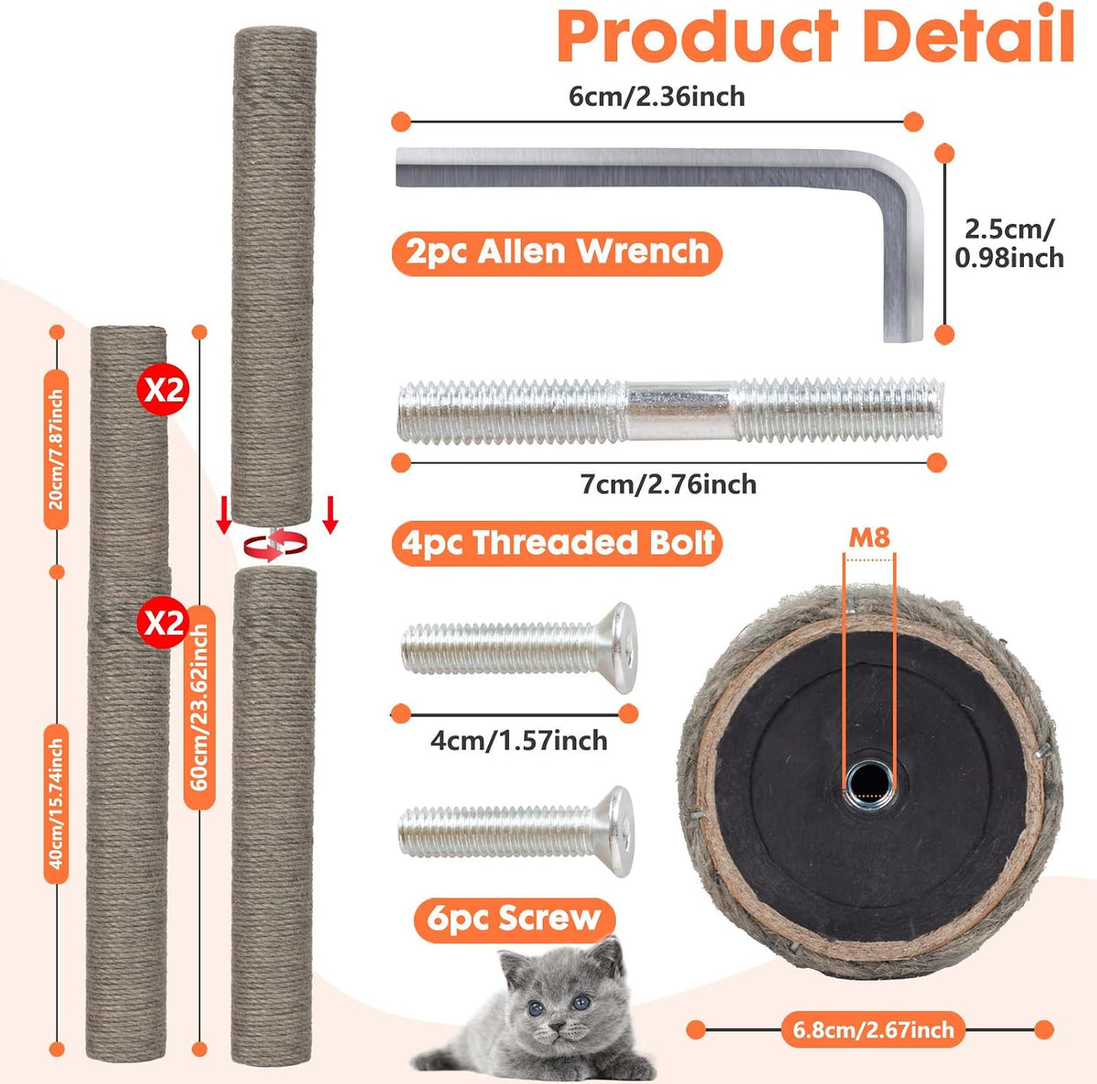 PowerKing Natural Sisal Replacement Scratching Post - 15.7''+15.7''+7.87''+7.87'' (2.67''Thick) / Grey - image 4