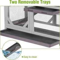 Wooden Rabbit Hutch with Two Story, Bunny Cage with Leak-Proof Trays, and Chew-Proof Ramp, Guinea Pig Cage with Wheels, Suitable for Indoor/Outdoor Use (Grey)