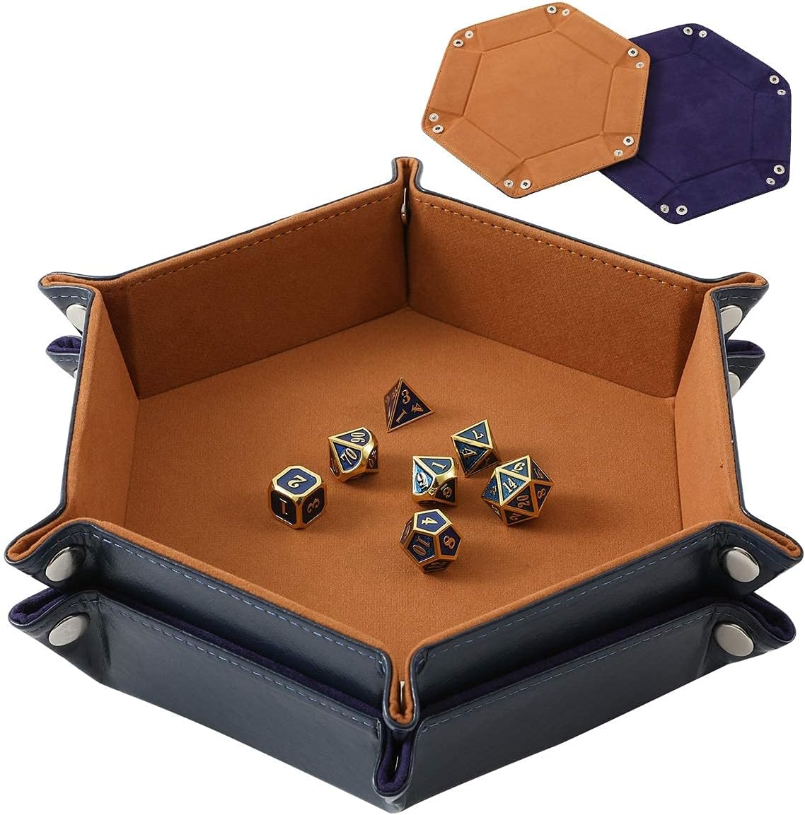 Grajar 2 Pcs Portable Folding Dice Rolling Tray Set for RPG DND Table - Navy Blue and Camel