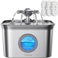 Stainless steel cat water fountain, 99 oz (2.8L), with flower stream and viewing window