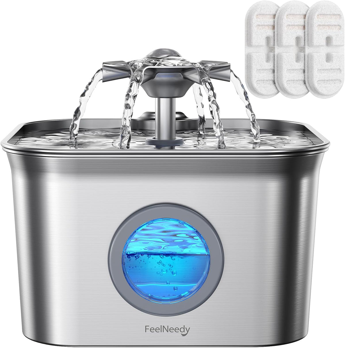 Stainless steel cat water fountain, 99 oz (2.8L), with flower stream and viewing window