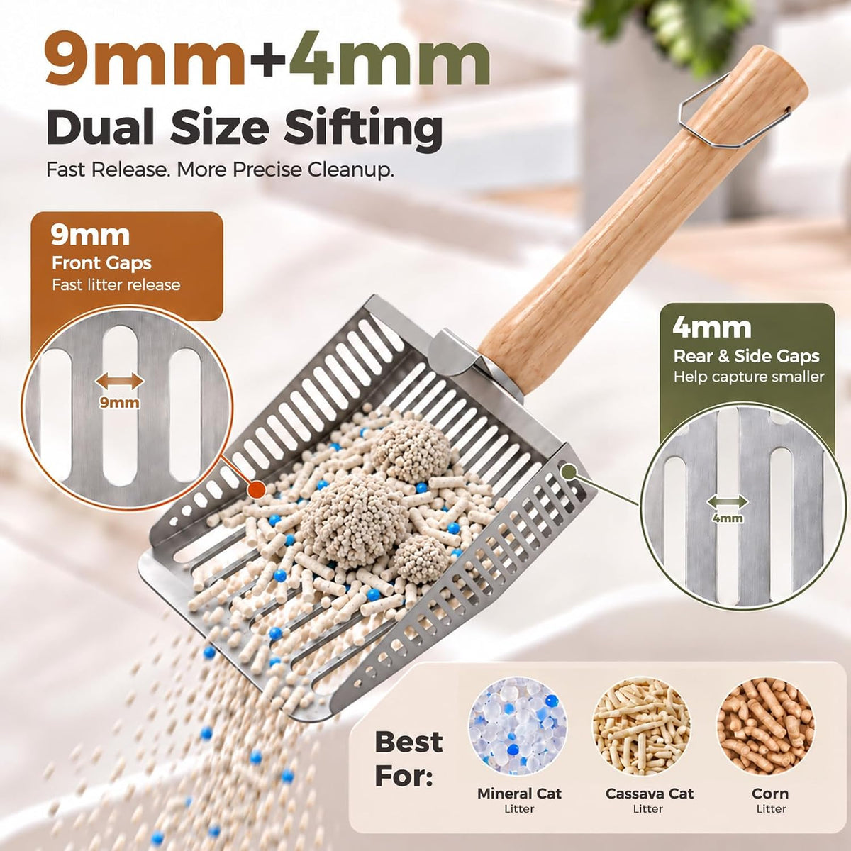 Cactus Cat Litter Scoop with Holder, 2 Replaceable Shovels - White / Dual Size Sifting (9mm+4mm) - image 3