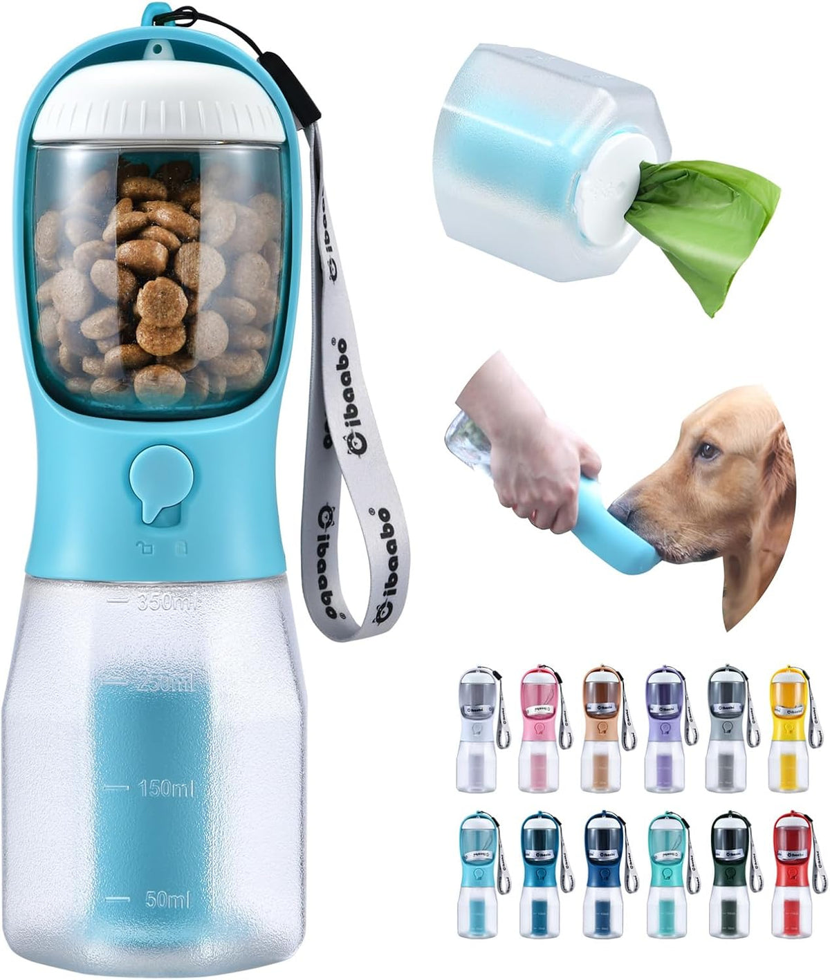 Dog Water Bottle with Food Container & Poop Bag Holder & Filter – Essentials for Dogs - #01 Blue / 12oz