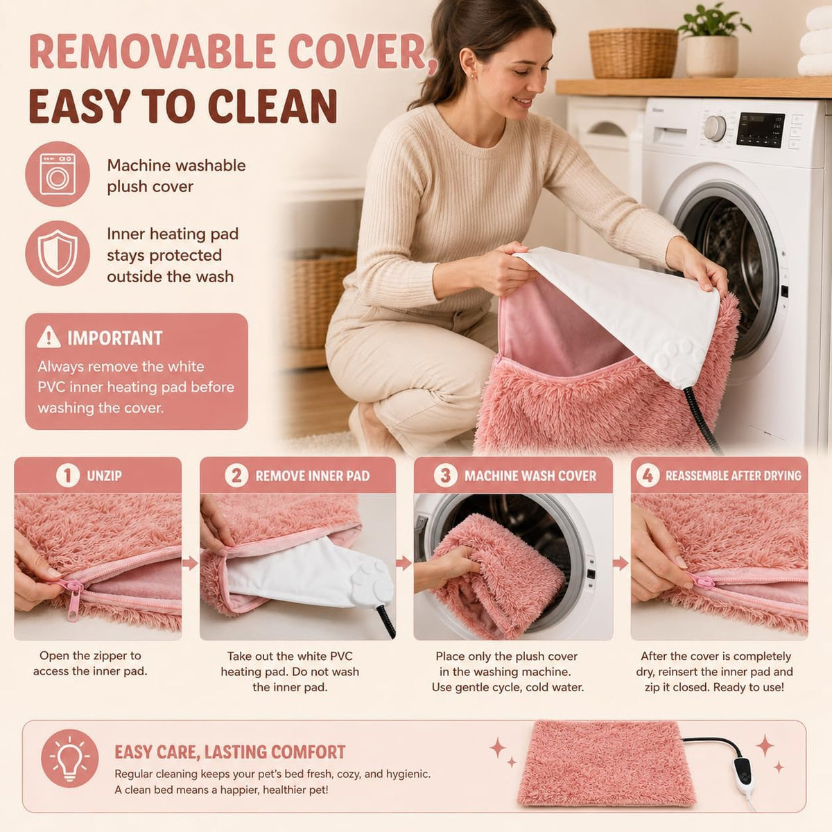 Pet Heating Pad for Cats with Normally Open Function - Pink Plush / 32.0"L x 20.0"W - image 4