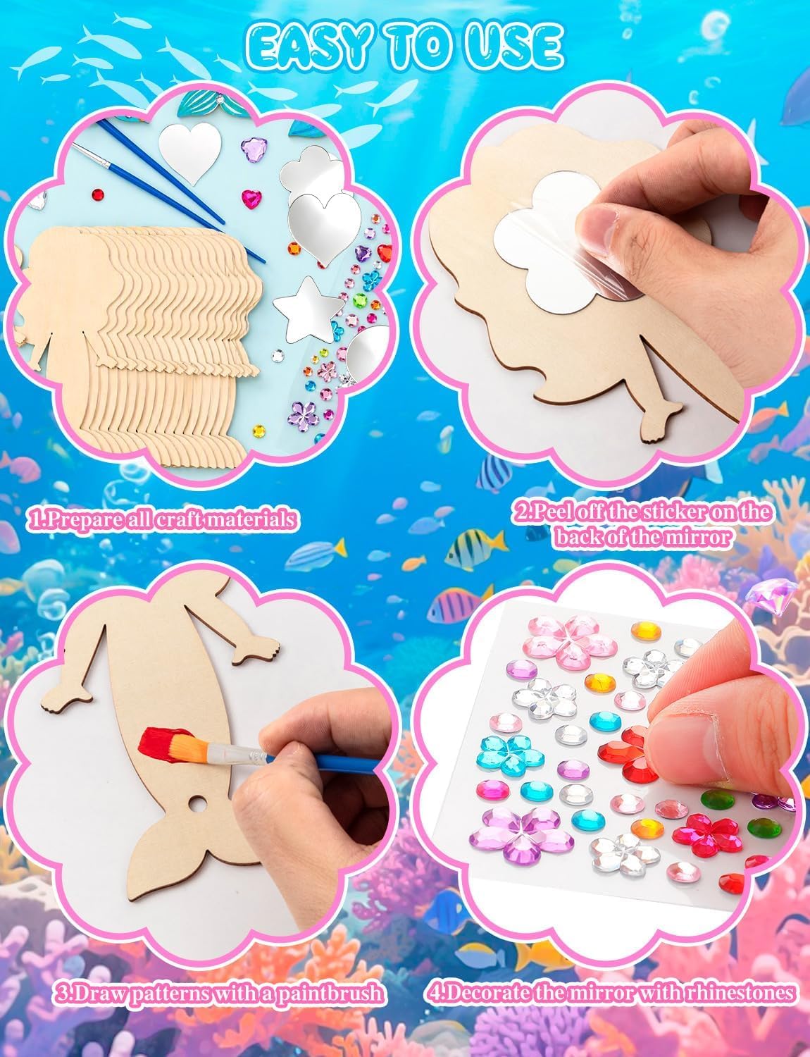 XJWWHZ wooden princess mirror craft kit, 12 DIY mirrors with gem stickers and brushes - view 5