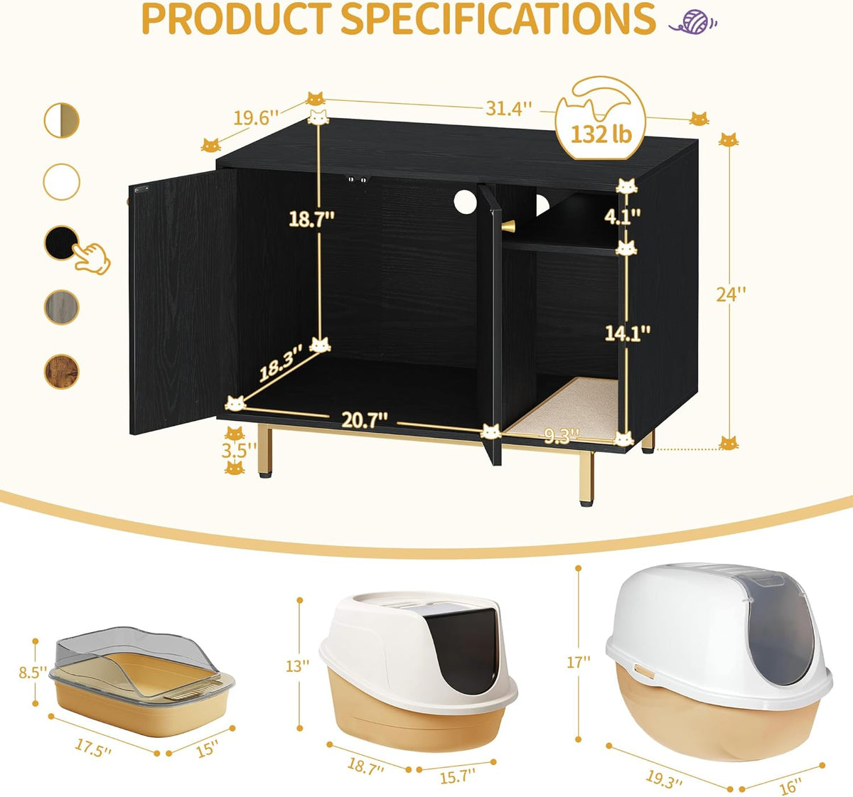 Hzuaneri Cat Litter Box Enclosure - Black and Gold / 31.4"L x 19.6"W x 24"H - image 3