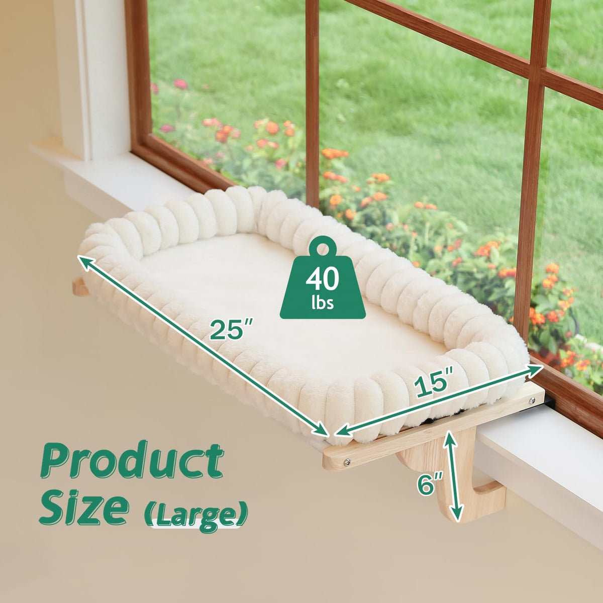 Zakkart SnugCloud Cat Perch for Windowsill – Essentials for Cats - Natural Color Wood w/ Cream Bed / Large (25"x15") - image 2