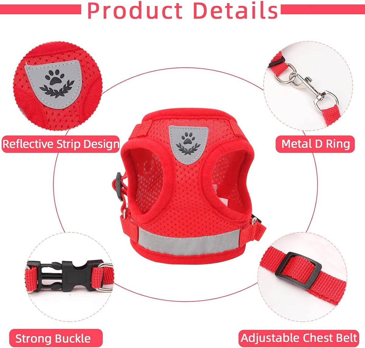 Cat Vest Harness and Leash Set - Red / Medium (Chest: 14"-15") - image 4