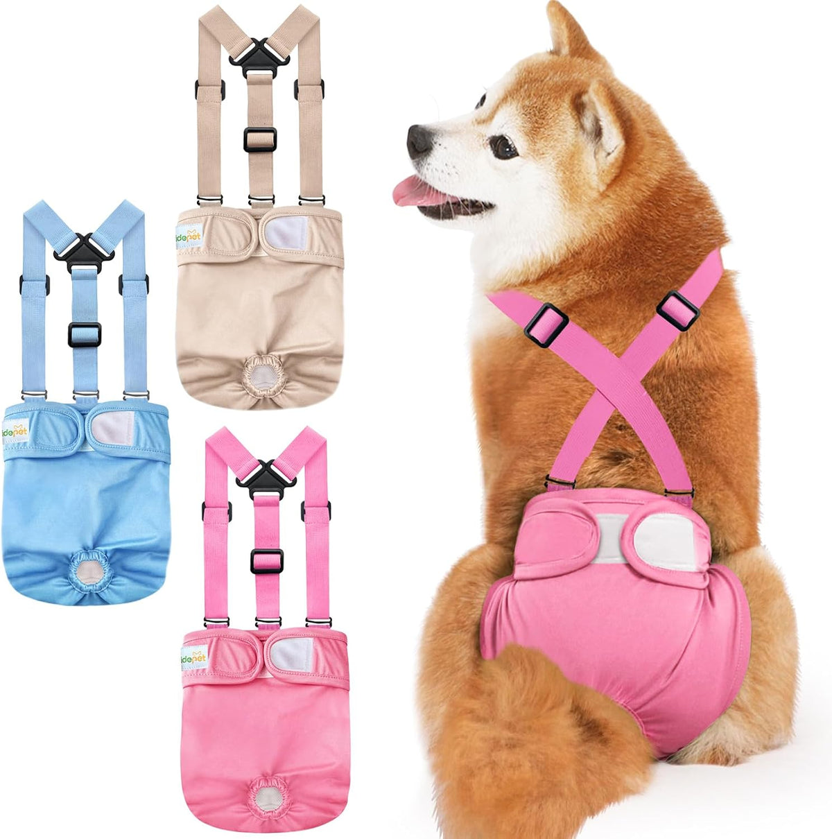 Idepet Female Dog Diapers with Suspender Detachable - Pink/Blue/Carneose / M