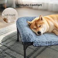 Veehoo Cooling Elevated Dog Bed Add Removable Deluxe Rose Plush Bolster Cushion Mat, 59" x 37" Washable Dog Couch Bed, Raised Pet Cot with Breathable Teslin Mesh, No-Slip Feet, Haze Blue, CWC2439B