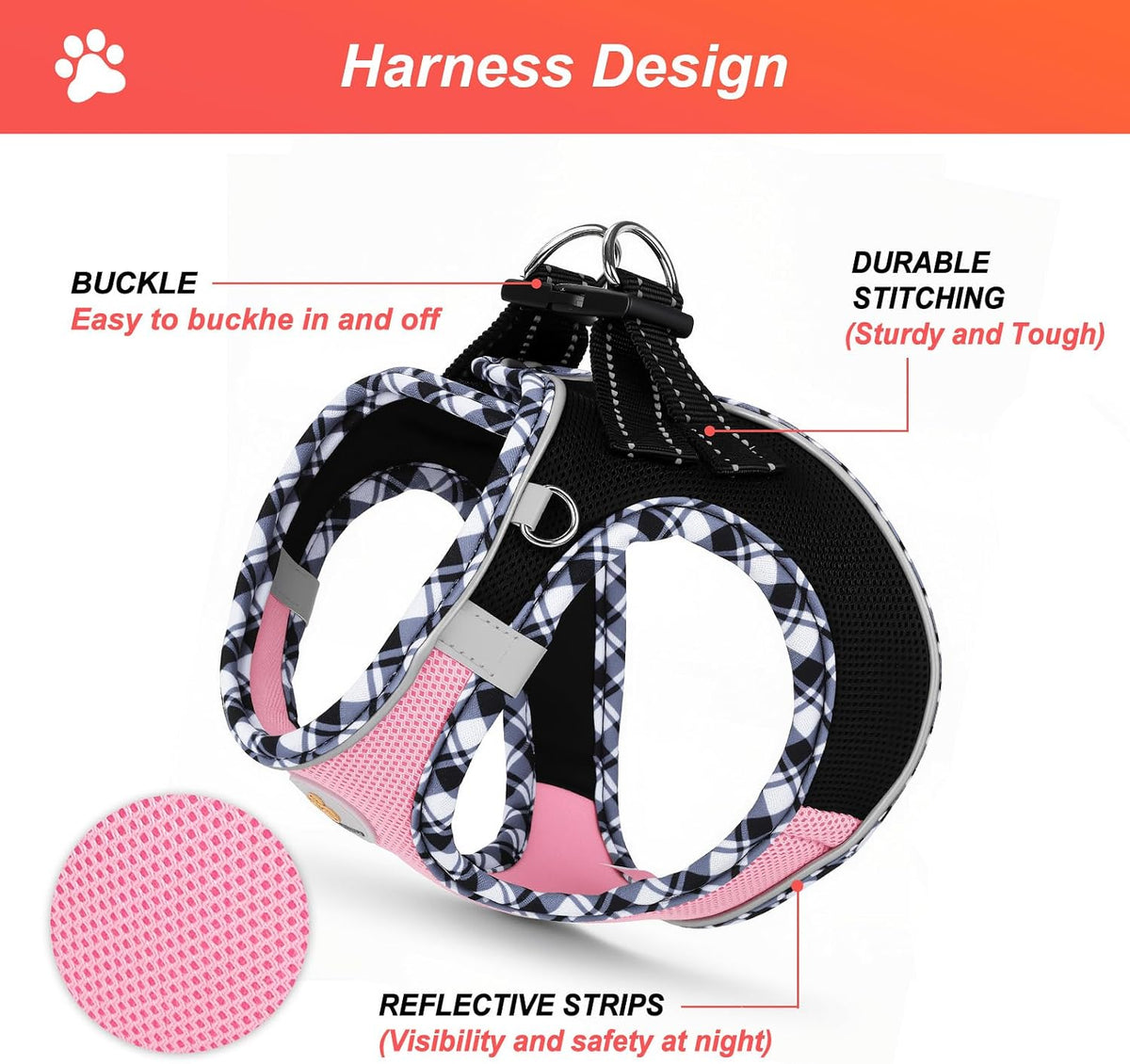 Hipubby Dog Harness Small Sized and Leash Set - Black Pink / L (Chest: 18.8"-20.8") - image 3