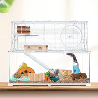 OIIBO 3 Tiers Large Hamster Cages, Glass Hamster Cage Habitat with Openable Wire Topper, Gerbil Cage with Two Ladders Ramps and Removeable Waterproof PVC Tray, Easy to Clean