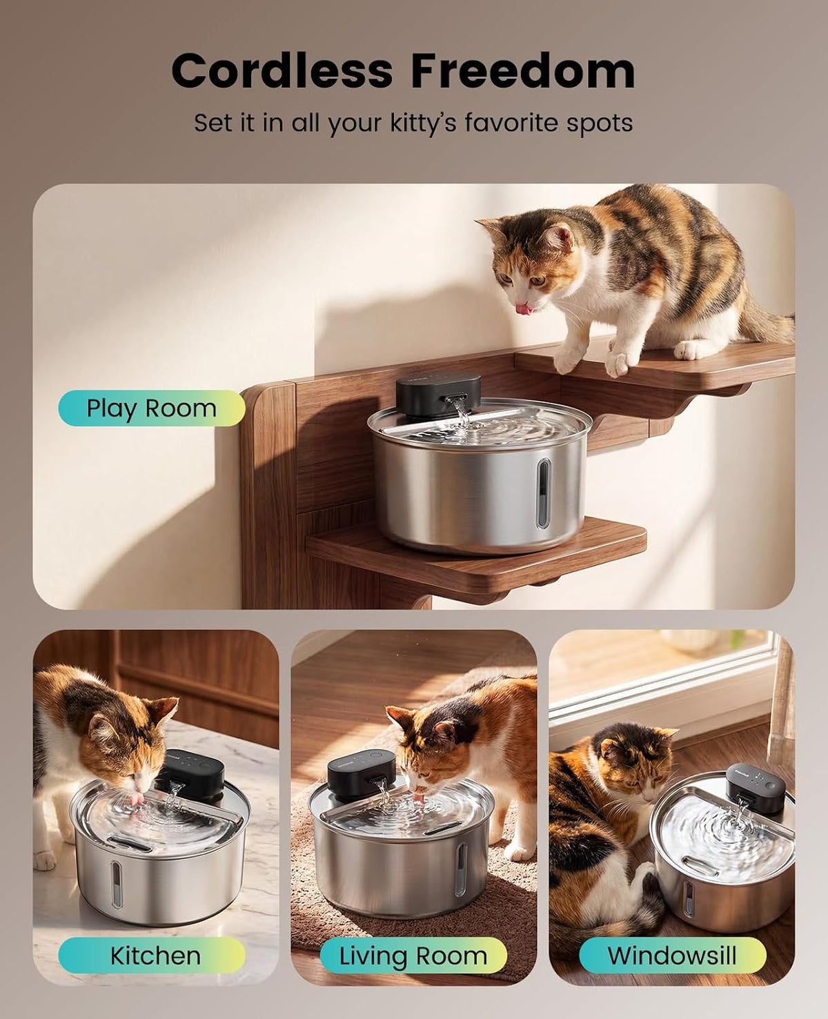 oneisall 108oz/3.2L Wireless Stainless Steel Cat Water Fountain – Essentials for Cats - 108oz Cat Fountain+6 Filters+6 Sponges - image 2