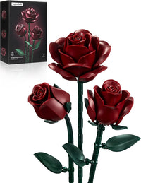 iATOM Black Roses Flower Building Set 3Pack Basket Stuffers Gift - Burgundy Red