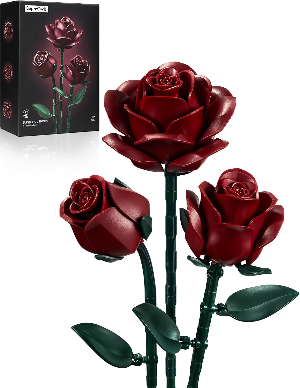 iATOM Black Roses Flower Building Set 3Pack Basket Stuffers Gift - Burgundy Red