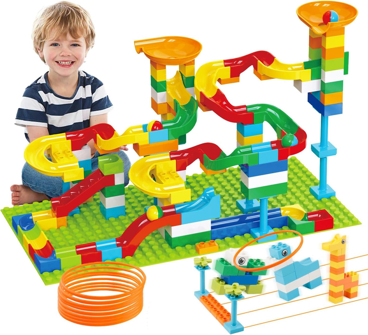 Anpcso 128 piece marble run building blocks set with ring toss rings