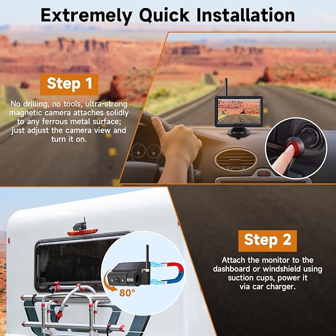 Magnetic Solar Wireless Backup Camera with 5” HD Monitor No Wiring Rechargeable Battery IP68 IR Night Vision Rearview Camera System for Car RV Truck 5th Wheels Skid Steer Horse Trailer Hitch Camera