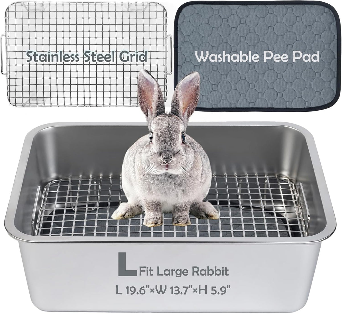 MEEXPAWS Rabbit Litter Box Stainless Steel - L 19.6"x13.7"x5.9" for Large Rabbit