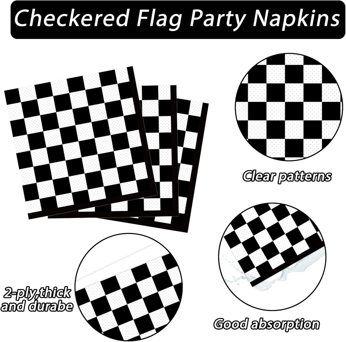 100 Pack Black and White Checkered Flag Party Napkins Disposable Race - 100 / Black and White Checkered - image 3