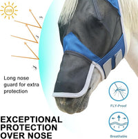 Horse Fly Mask with Ears & Long Nose Cover | Forelock Opening for Tangle-Free Mane Care | UV Protection & Breathable Mesh | No Rub Fit and Enhanced Visbility for Trail Riding RoyalBlue Full