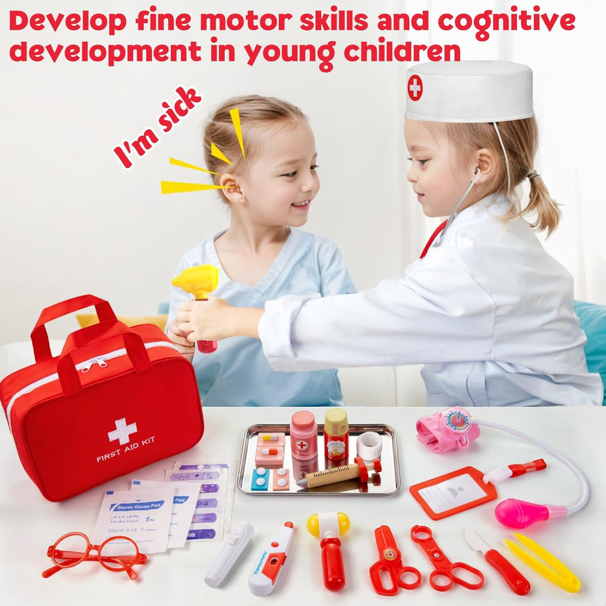 Doctor Kit for Kids, 36 Pcs Pretend Doctor Playset kit for Toddlers 3-5 with Medical Bag & Real - Red - image 2