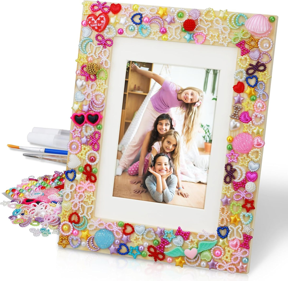 LEJITEKK mosaic picture frame craft kit with pink glass stones and wooden frame