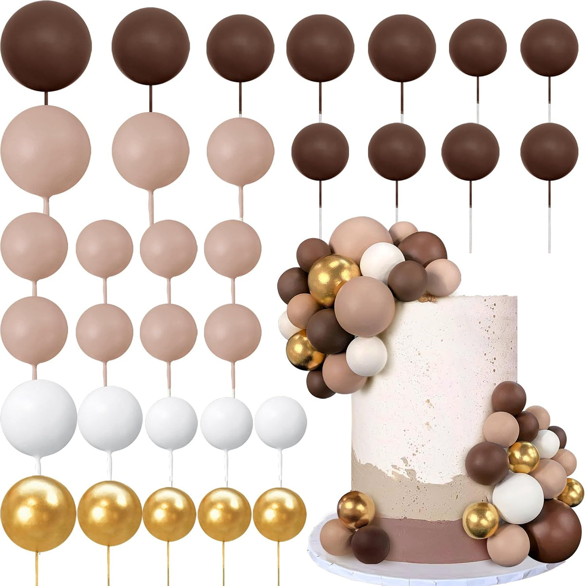 32 PCS Colorful Ball Shaped Cake Topper Pearl Balls Cupcake Cake - Dark Brown Light Brown White Gold