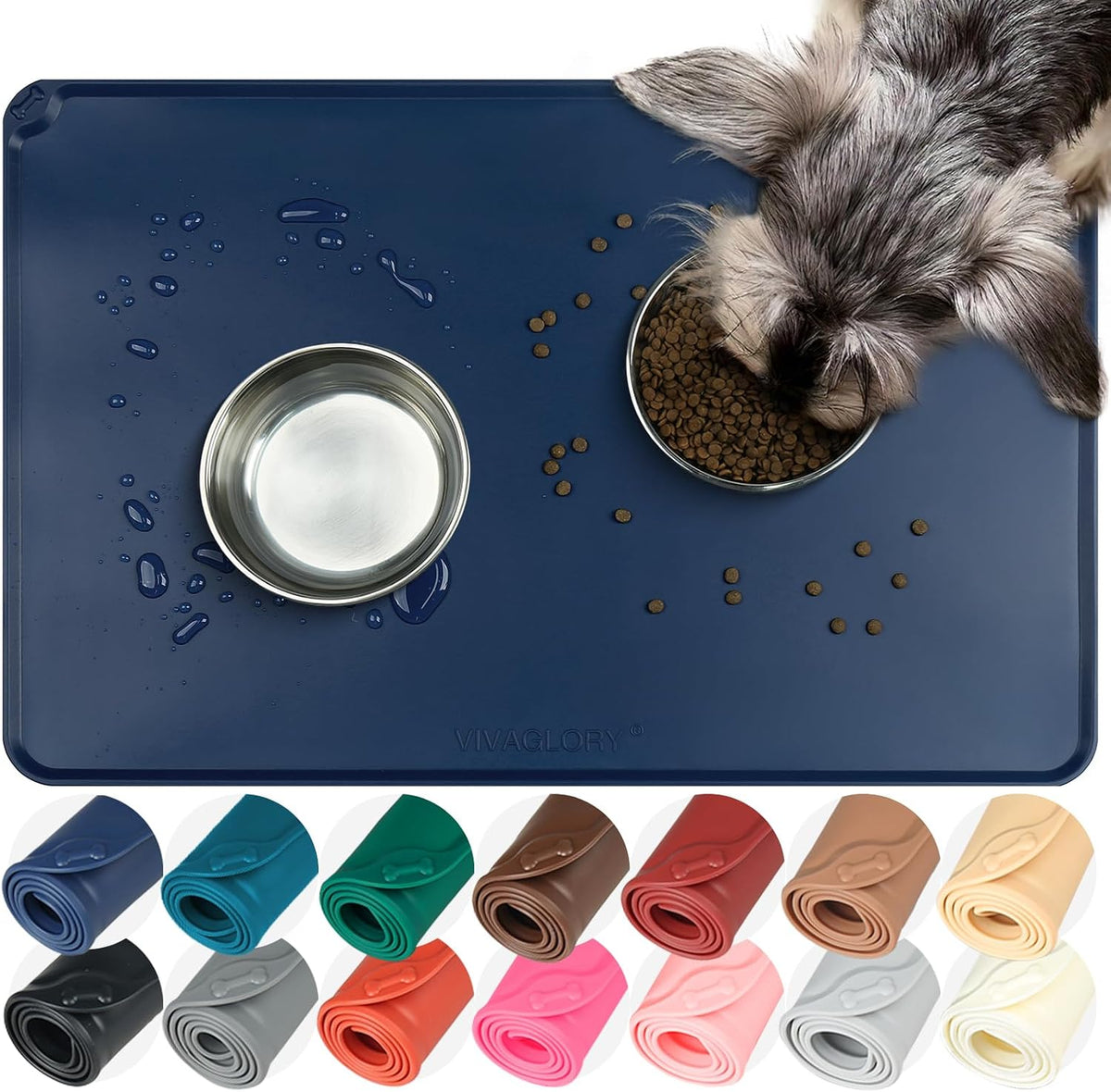 VIVAGLORY Pet Food Mat Flexmat Dog Bowl Mat, S - Navy Blue / L (24.0 x 15.7in)