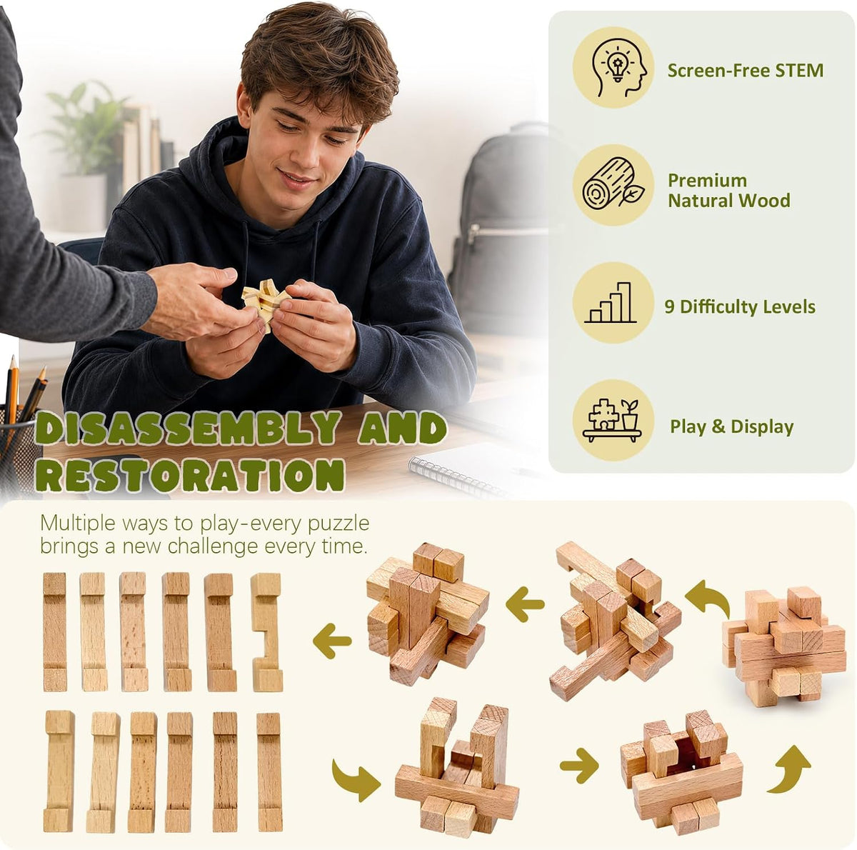 VolksRose 12pcs Wooden Brain Teaser Puzzles - C-15pcs-4.5cm - image 2