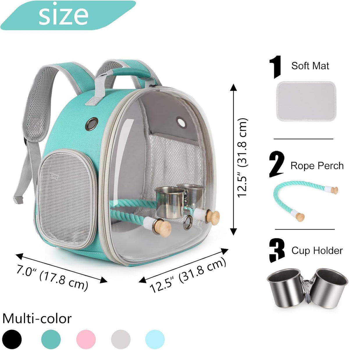Small Bird Travel Backpack Carrier Cage - Green / Clear Bubble + Cups - image 2
