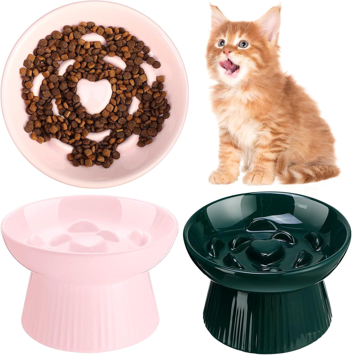 Tioncy 2 Pcs Ceramic Elevated Slow Feeder Cat Bowl - Pink, Dark Green / 2