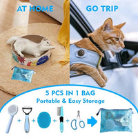 Grooming Brush Kit - 5pcs for Shedding & Matted Fur, Self-Cleaning with Flea Comb for Indoor Long-Haired Cats, Blue