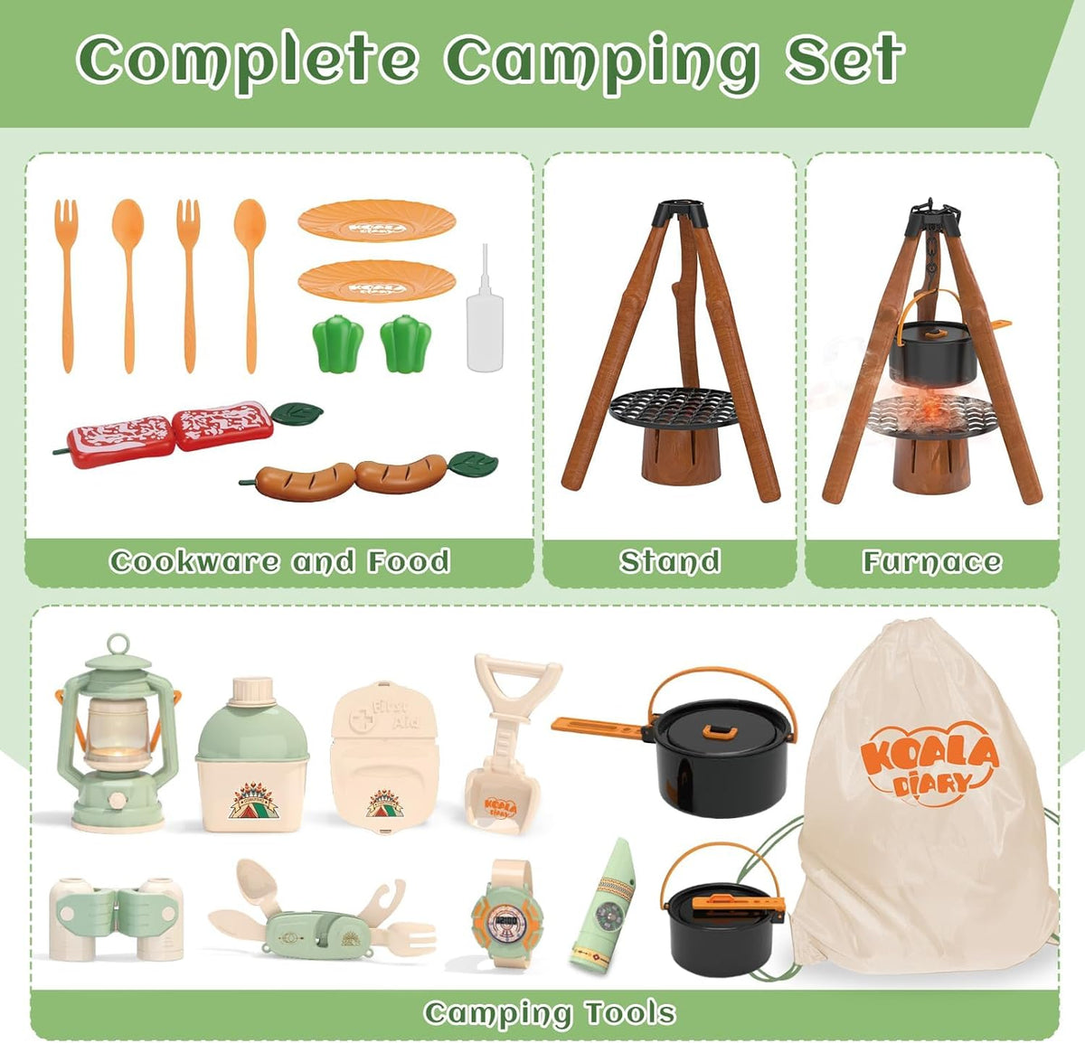 KOALA DIARY kids camping set with tripod stove, cooking pot, lantern and play food - view 5